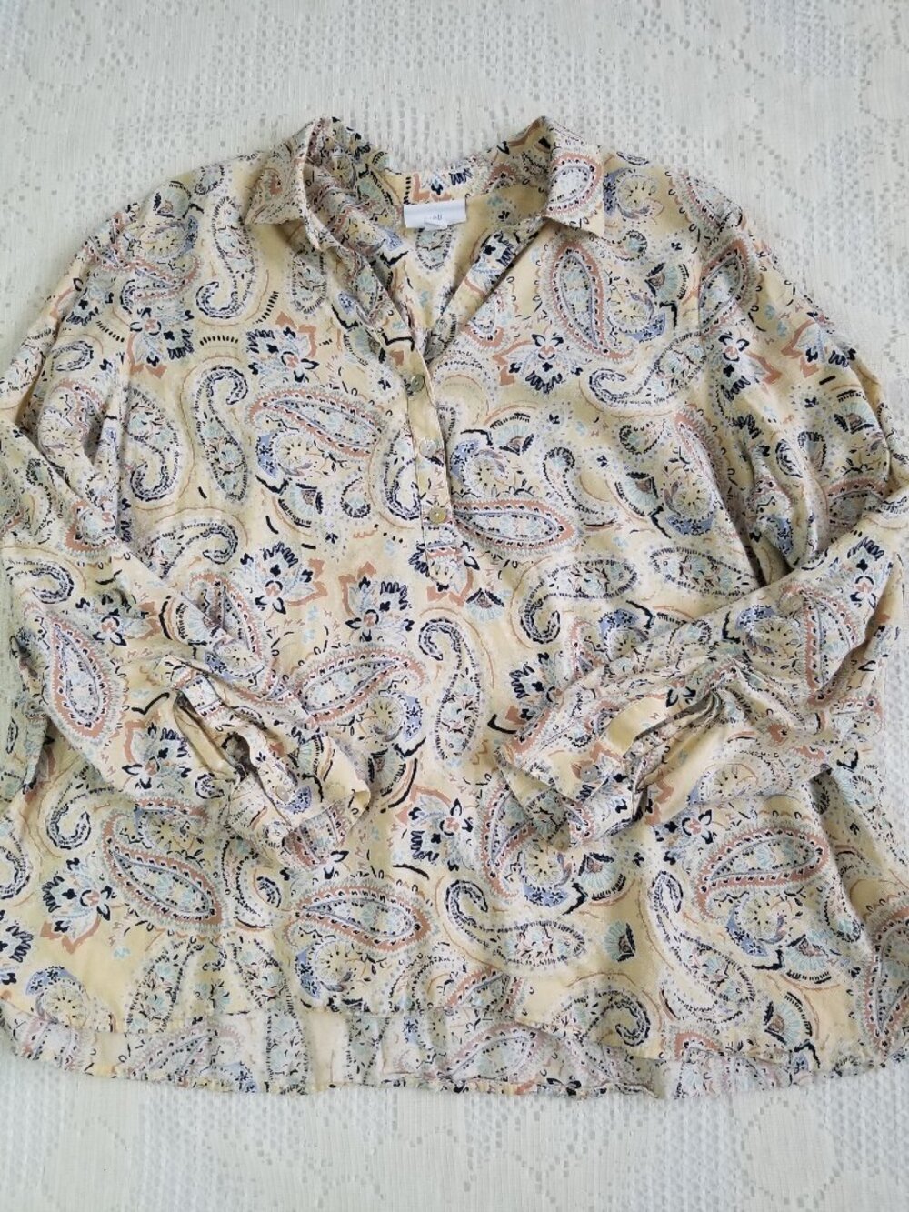 J. Jill Yellow Paisley Roll Tab Sleeve Blouse Large - Picture 9 of 10